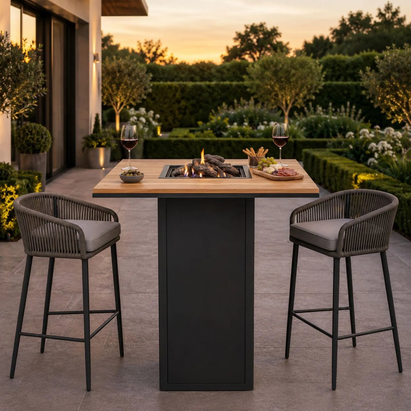 Cosiloft 100 High Outdoor Gas Fire Pit Bar Table with Black Aluminium Frame, Teak Top, Concealed 10kg Gas Bottle Storage and Realistic Flame Effect 105x100x100cm | Click Style