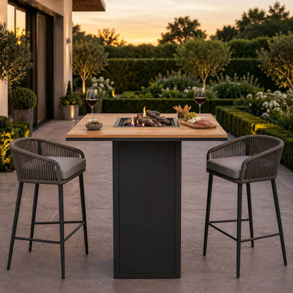 Cosiloft 100 High Outdoor Gas Fire Pit Bar Table with Black Aluminium Frame, Teak Top, Concealed 10kg Gas Bottle Storage and Realistic Flame Effect 105x100x100cm | Click Style