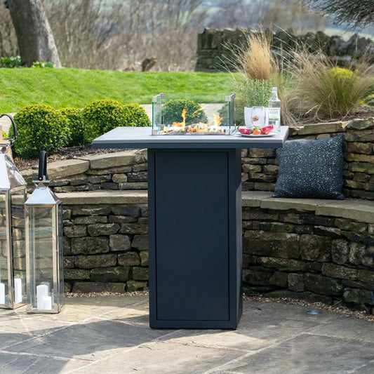 Cosiloft 100 High Outdoor Gas Fire Pit Bar Table with Black Metal Base & Grey Aluminium Top – Freestanding Tall Garden Firepit Table 105x100x100cm - Click Style