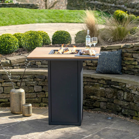 Cosiloft 100 High Outdoor Gas Fire Pit Bar Table with Black Metal Base & Teak Wood Top – Freestanding Tall Garden Firepit Table 105x100x100cm - Click Style