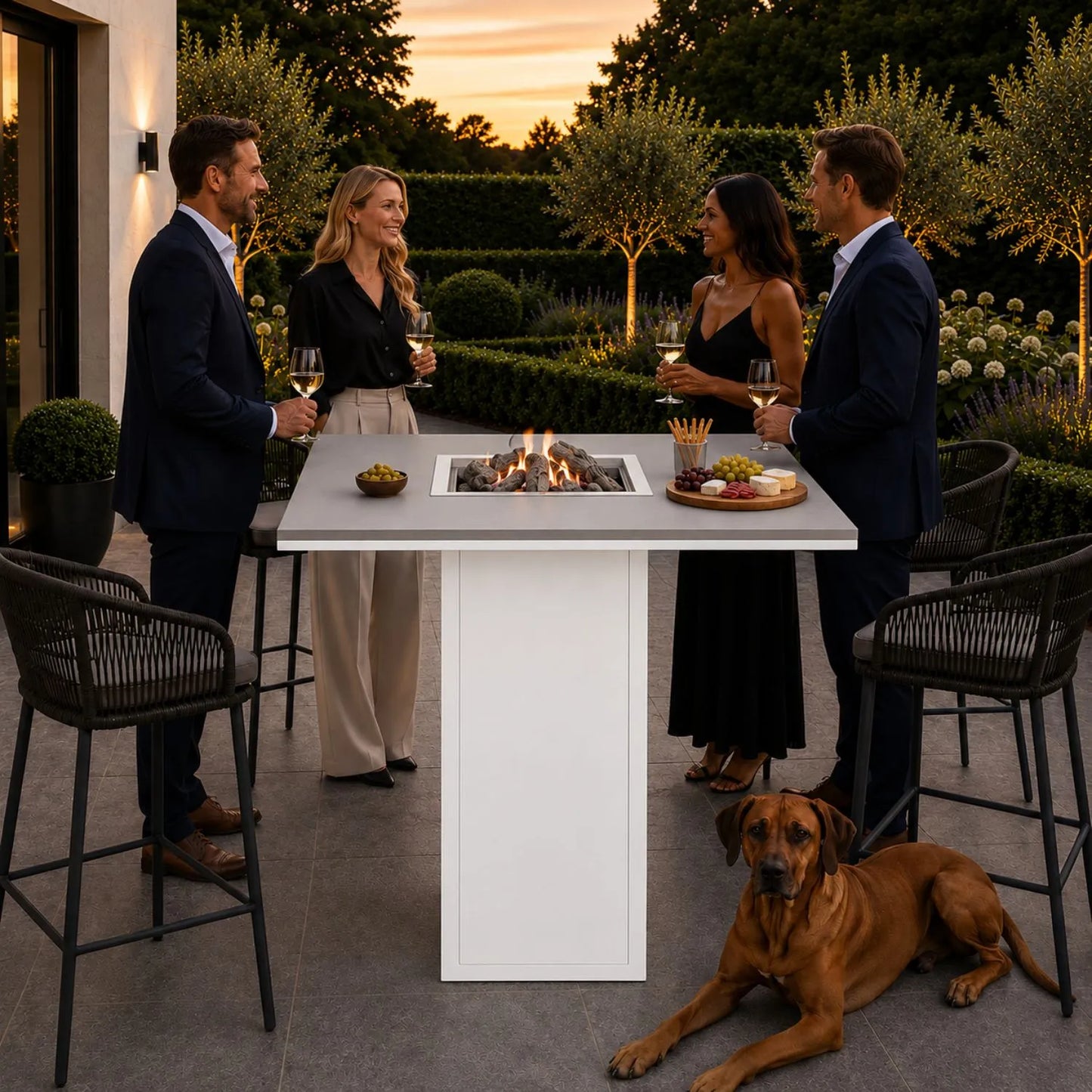 Cosiloft 100 High outdoor gas fire pit bar table with white aluminium frame, grey aluminium top and integrated gas burner with ceramic logs and lava stones 105x100x100cm | Click Style