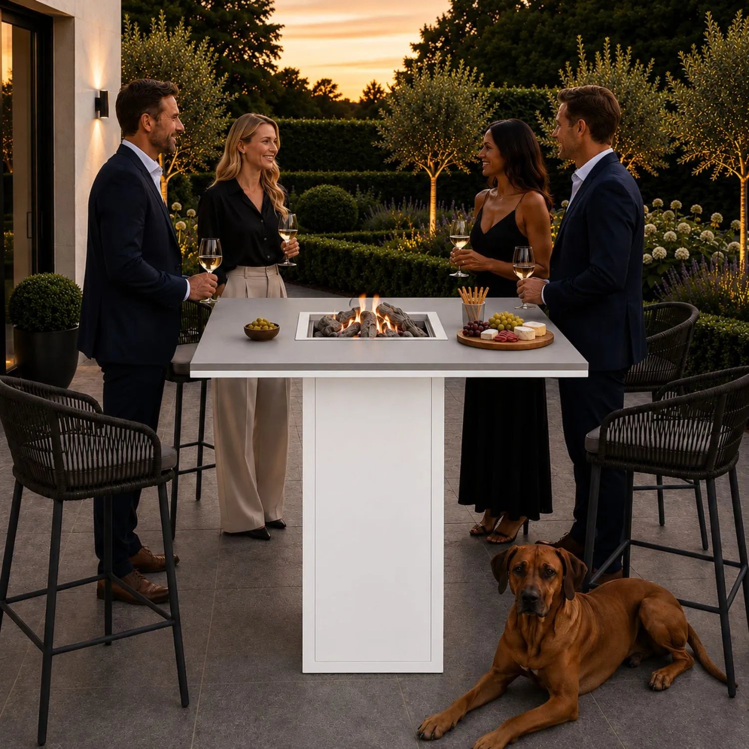 Cosiloft 100 High outdoor gas fire pit bar table with white aluminium frame, grey aluminium top and integrated gas burner with ceramic logs and lava stones 105x100x100cm | Click Style
