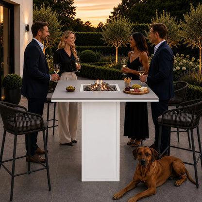 Cosiloft 100 High outdoor gas fire pit bar table with white aluminium frame, grey aluminium top and integrated gas burner with ceramic logs and lava stones 105x100x100cm | Click Style