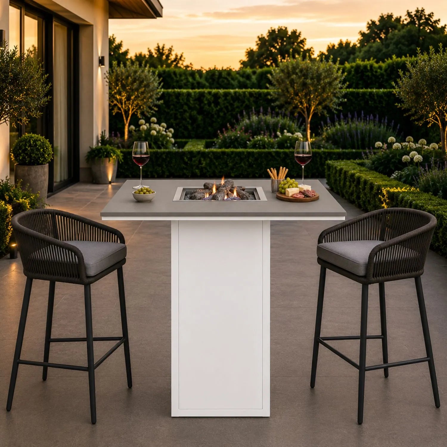 Cosiloft 100 High outdoor gas fire pit bar table with white aluminium frame, grey aluminium top and integrated gas burner with ceramic logs and lava stones 105x100x100cm | Click Style