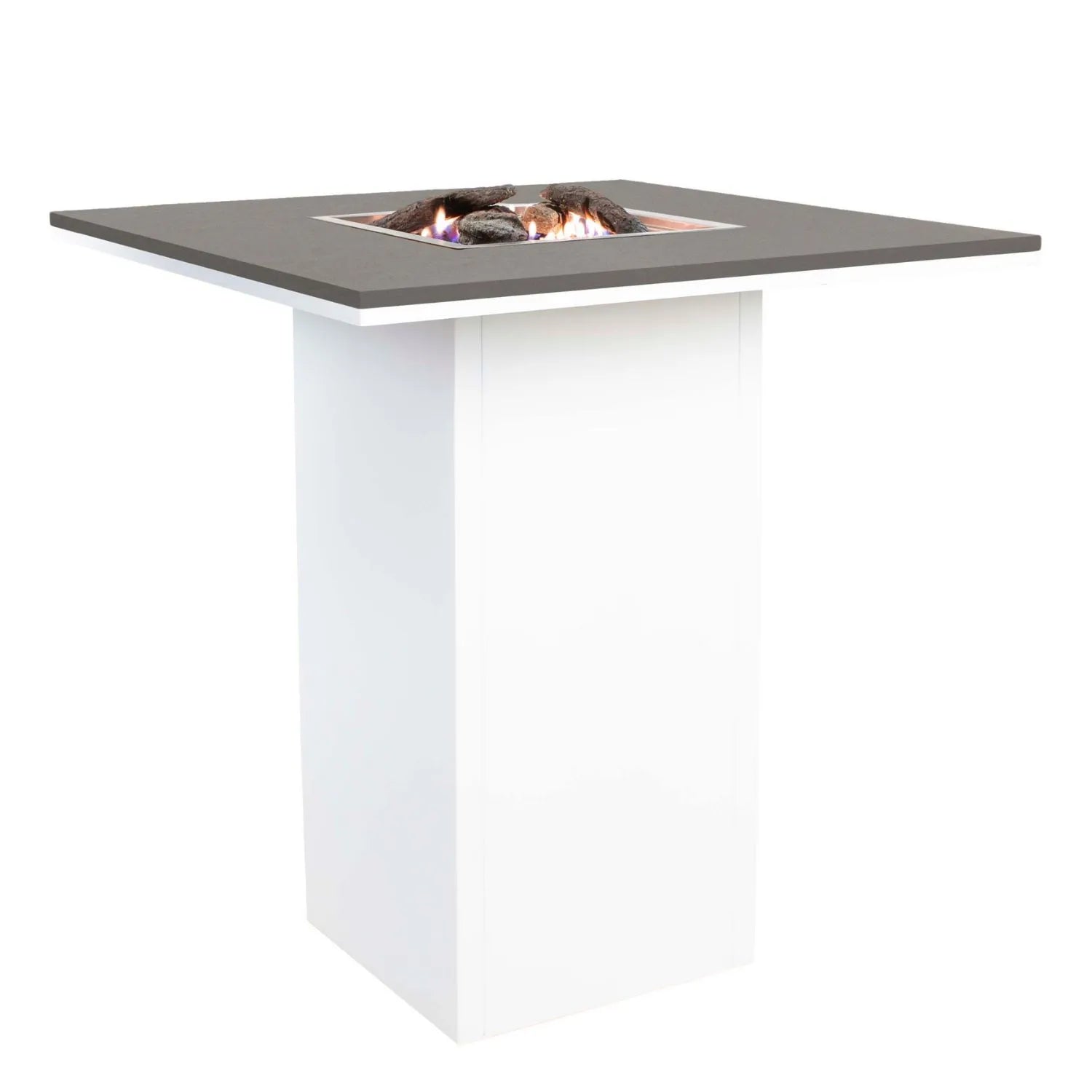 Cosiloft 100 High Outdoor Gas Fire Pit Bar Table with White Metal Base & Grey Aluminium Top – Freestanding Tall Garden Firepit Table 105x100x100cm - Click Style