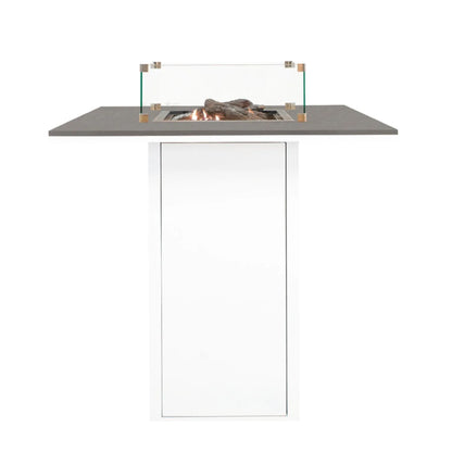 Cosiloft 100 High Outdoor Gas Fire Pit Bar Table with White Metal Base & Grey Aluminium Top – Freestanding Tall Garden Firepit Table 105x100x100cm - Click Style