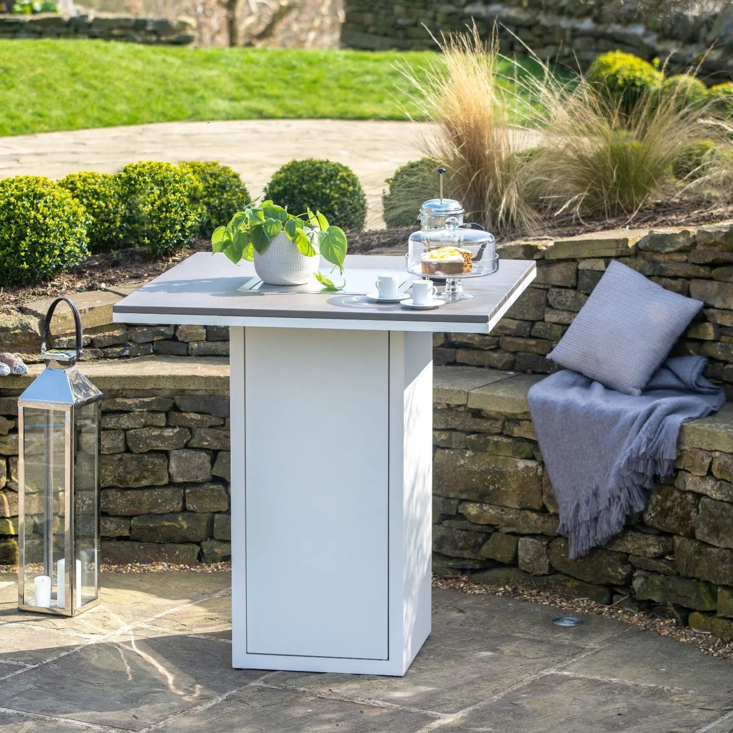 Cosiloft 100 High Outdoor Gas Fire Pit Bar Table with White Metal Base & Grey Aluminium Top – Freestanding Tall Garden Firepit Table 105x100x100cm - Click Style