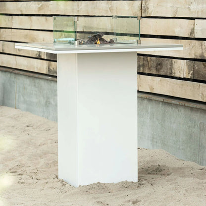 Cosiloft 100 High Outdoor Gas Fire Pit Bar Table with White Metal Base & Grey Aluminium Top – Freestanding Tall Garden Firepit Table 105x100x100cm - Click Style
