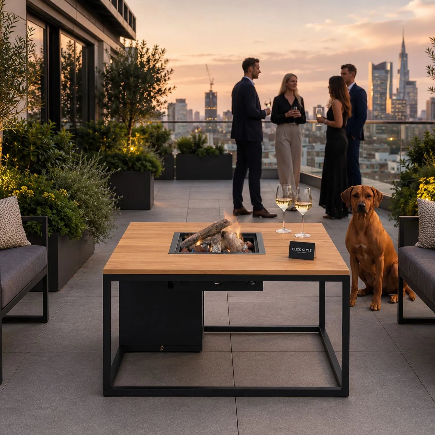 Cosiloft 100 Square Outdoor Gas Fire Pit Table with Black Aluminium Frame and Teak Top, Square Gas Fire Pit Coffee Table with Hidden Gas Bottle Storage, Ceramic Logs, Lava Stones and Electronic Ignition 50x100x100cm | Click Style