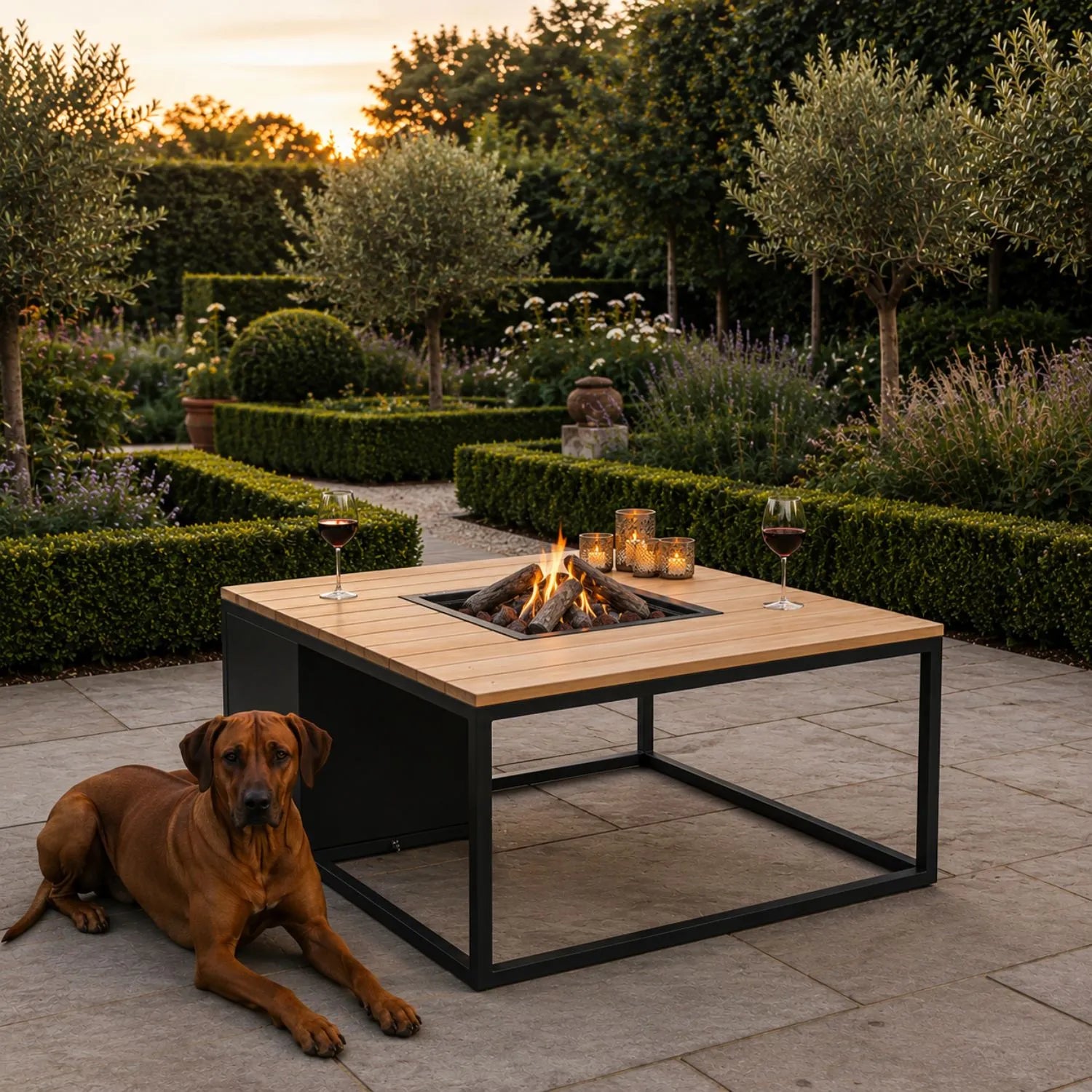 Cosiloft 100 Square Outdoor Gas Fire Pit Table with Black Aluminium Frame and Teak Top, Square Gas Fire Pit Coffee Table with Hidden Gas Bottle Storage, Ceramic Logs, Lava Stones and Electronic Ignition 50x100x100cm | Click Style
