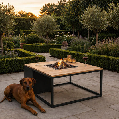 Cosiloft 100 Square Outdoor Gas Fire Pit Table with Black Aluminium Frame and Teak Top, Square Gas Fire Pit Coffee Table with Hidden Gas Bottle Storage, Ceramic Logs, Lava Stones and Electronic Ignition 50x100x100cm | Click Style