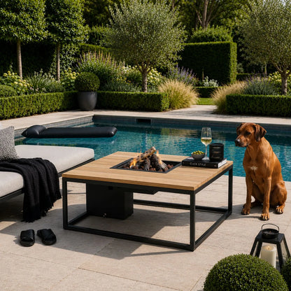 Cosiloft 100 Square Outdoor Gas Fire Pit Table with Black Aluminium Frame and Teak Top, Square Gas Fire Pit Coffee Table with Hidden Gas Bottle Storage, Ceramic Logs, Lava Stones and Electronic Ignition 50x100x100cm | Click Style