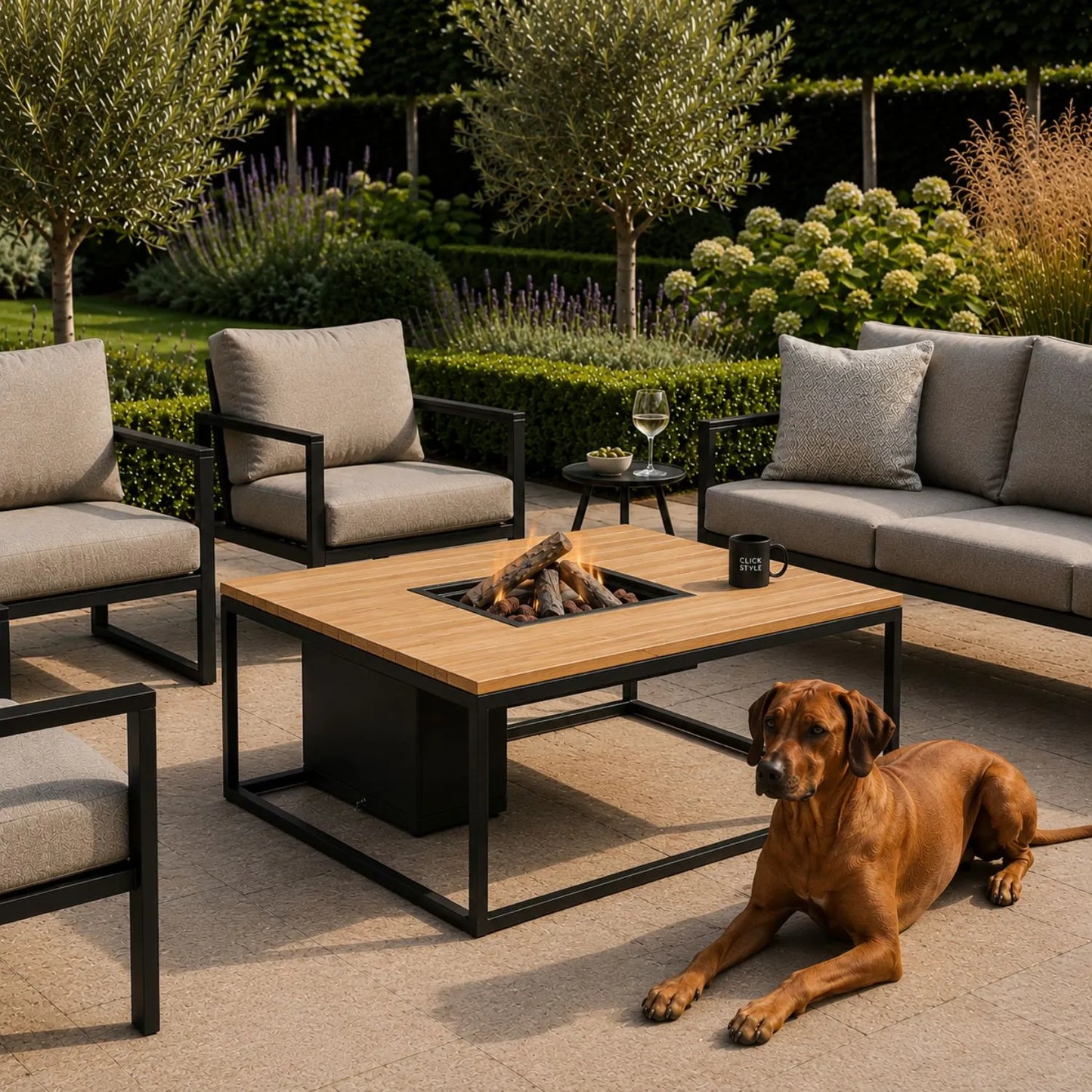 Cosiloft 100 Square Outdoor Gas Fire Pit Table with Black Aluminium Frame and Teak Top, Square Gas Fire Pit Coffee Table with Hidden Gas Bottle Storage, Ceramic Logs, Lava Stones and Electronic Ignition 50x100x100cm | Click Style