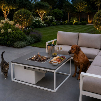 Cosiloft 100 Square Outdoor Propane Gas Fire Pit Table with White Aluminium Frame and Grey Aluminium Top – Square Garden Fire Pit Coffee Table with Hidden 5kg Propane Gas Bottle Compartment and 9kW Burner 50x100x100cm | Click Style