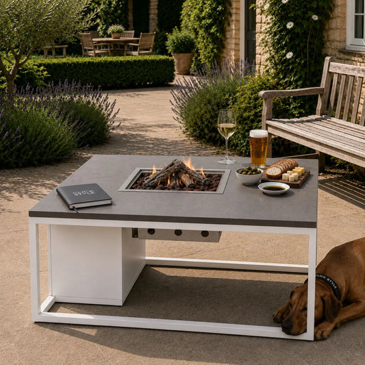 Cosiloft 100 Square Outdoor Propane Gas Fire Pit Table with White Aluminium Frame and Grey Aluminium Top – Square Garden Fire Pit Coffee Table with Hidden 5kg Propane Gas Bottle Compartment and 9kW Burner 50x100x100cm | Click Style