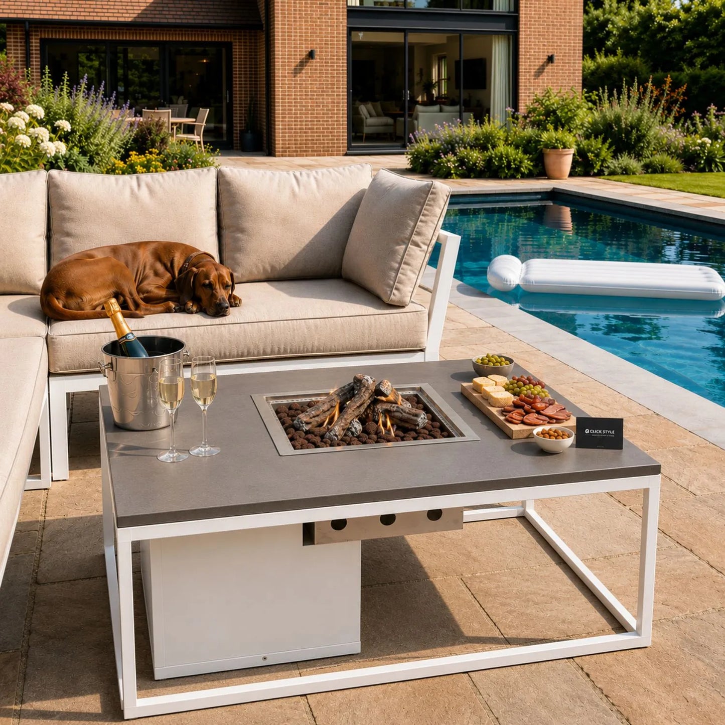 Cosiloft 100 Square Outdoor Propane Gas Fire Pit Table with White Aluminium Frame and Grey Aluminium Top – Square Garden Fire Pit Coffee Table with Hidden 5kg Propane Gas Bottle Compartment and 9kW Burner 50x100x100cm | Click Style