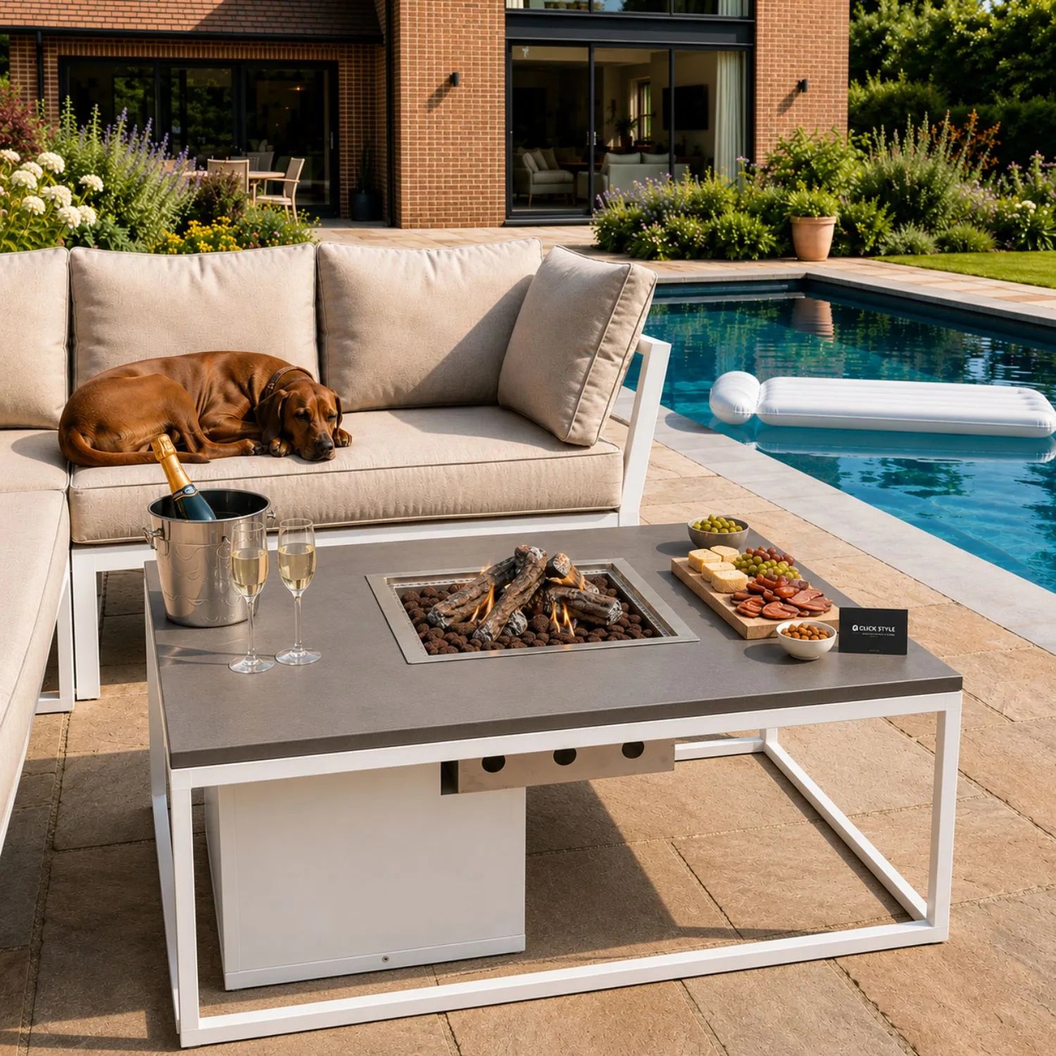 Cosiloft 100 Square Outdoor Propane Gas Fire Pit Table with White Aluminium Frame and Grey Aluminium Top – Square Garden Fire Pit Coffee Table with Hidden 5kg Propane Gas Bottle Compartment and 9kW Burner 50x100x100cm | Click Style