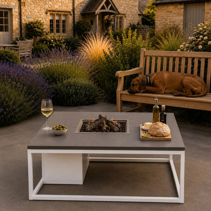 Cosiloft 100 Square Outdoor Propane Gas Fire Pit Table with White Aluminium Frame and Grey Aluminium Top – Square Garden Fire Pit Coffee Table with Hidden 5kg Propane Gas Bottle Compartment and 9kW Burner 50x100x100cm | Click Style