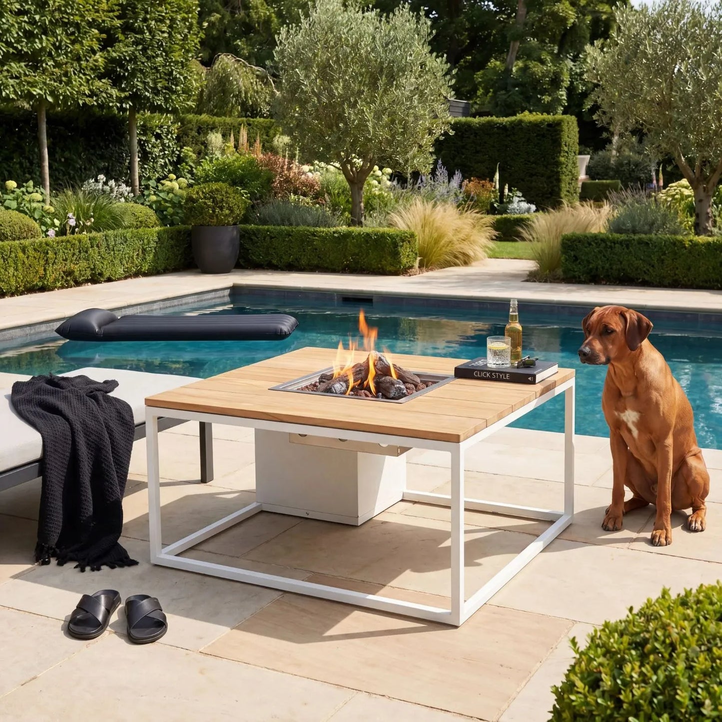 Cosiloft 100 Square Outdoor Gas Fire Pit Table with White Metal Base & Teak Wood Top – Freestanding Garden Coffee Table Firepit 50x100x100cm – luxury outdoor propane gas fire pit table with concealed 5kg gas bottle storage, integrated gas burner with ceramic logs and lava stones, 9kW heat output, weather-resistant white aluminium frame, solid teak wood top and contemporary garden firepit coffee table for patios, terraces and outdoor seating areas | Click Style