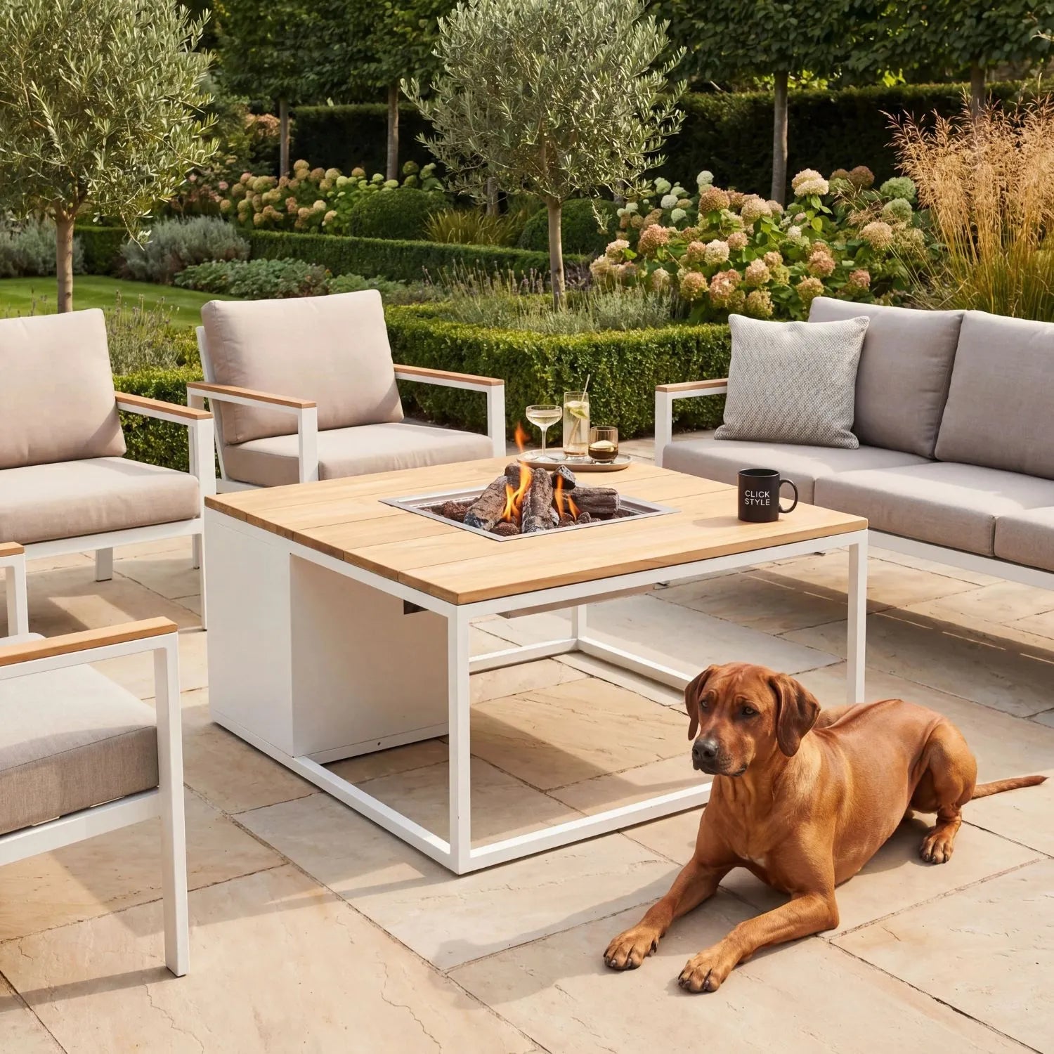 Cosiloft 100 Square Outdoor Gas Fire Pit Table with White Metal Base & Teak Wood Top – Freestanding Garden Coffee Table Firepit 50x100x100cm – luxury outdoor propane gas fire pit table with concealed 5kg gas bottle storage, integrated gas burner with ceramic logs and lava stones, 9kW heat output, weather-resistant white aluminium frame, solid teak wood top and contemporary garden firepit coffee table for patios, terraces and outdoor seating areas | Click Style