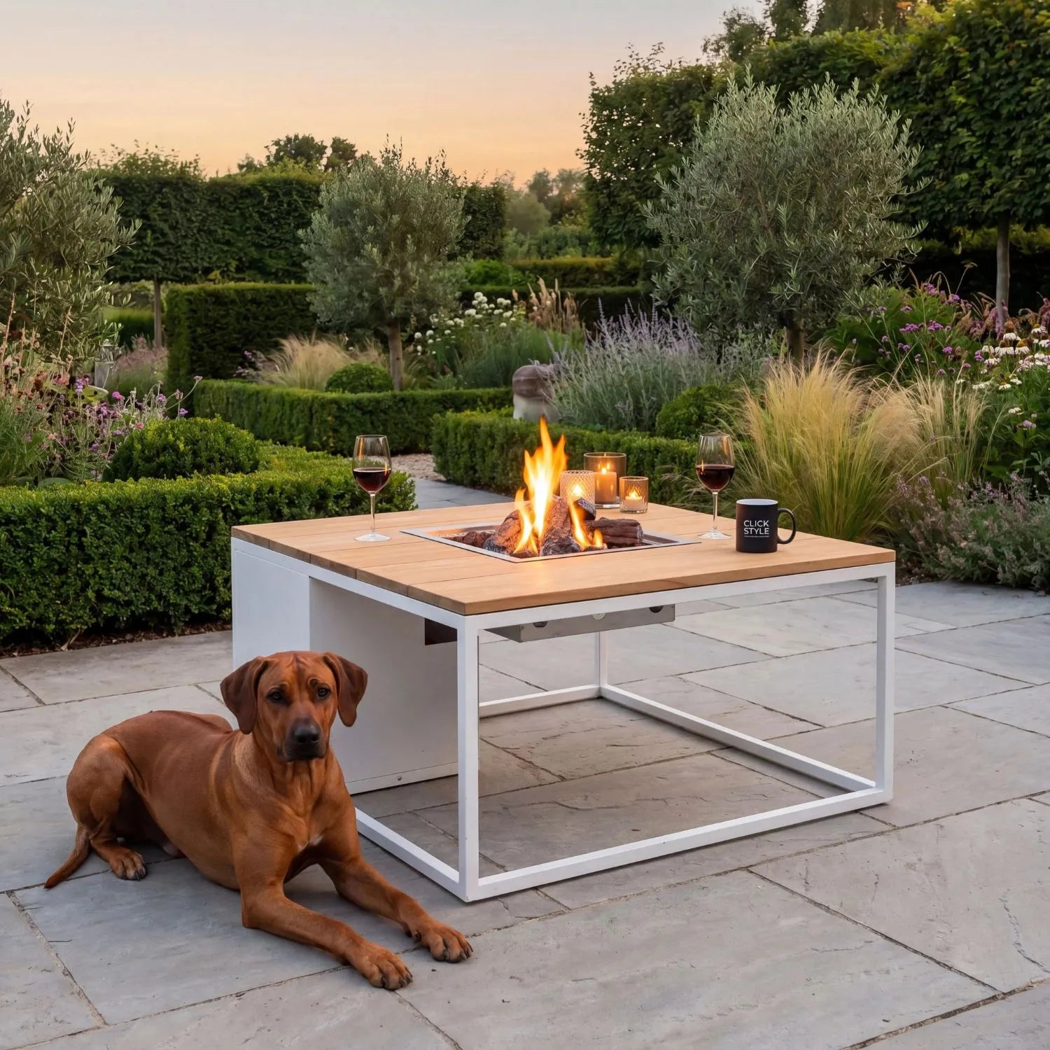 Cosiloft 100 Square Outdoor Gas Fire Pit Table with White Metal Base & Teak Wood Top – Freestanding Garden Coffee Table Firepit 50x100x100cm – luxury outdoor propane gas fire pit table with concealed 5kg gas bottle storage, integrated gas burner with ceramic logs and lava stones, 9kW heat output, weather-resistant white aluminium frame, solid teak wood top and contemporary garden firepit coffee table for patios, terraces and outdoor seating areas | Click Style