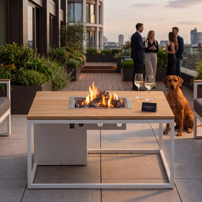 Cosiloft 100 Square Outdoor Gas Fire Pit Table with White Metal Base & Teak Wood Top – Freestanding Garden Coffee Table Firepit 50x100x100cm – luxury outdoor propane gas fire pit table with concealed 5kg gas bottle storage, integrated gas burner with ceramic logs and lava stones, 9kW heat output, weather-resistant white aluminium frame, solid teak wood top and contemporary garden firepit coffee table for patios, terraces and outdoor seating areas | Click Style