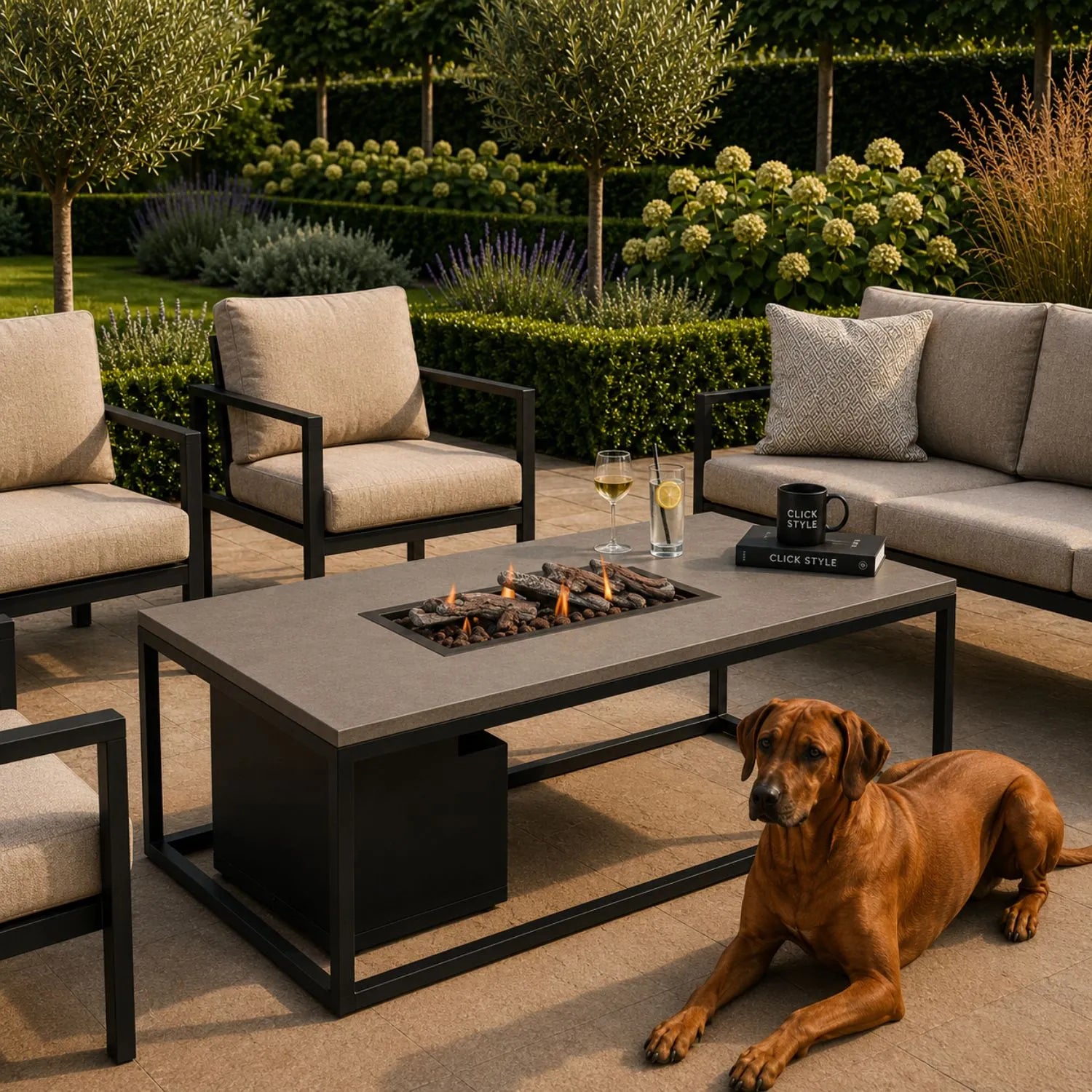 Cosiloft 120 Rectangular Outdoor Gas Fire Pit Coffee Table with Black Aluminium Frame and Grey Aluminium Top | Click Style