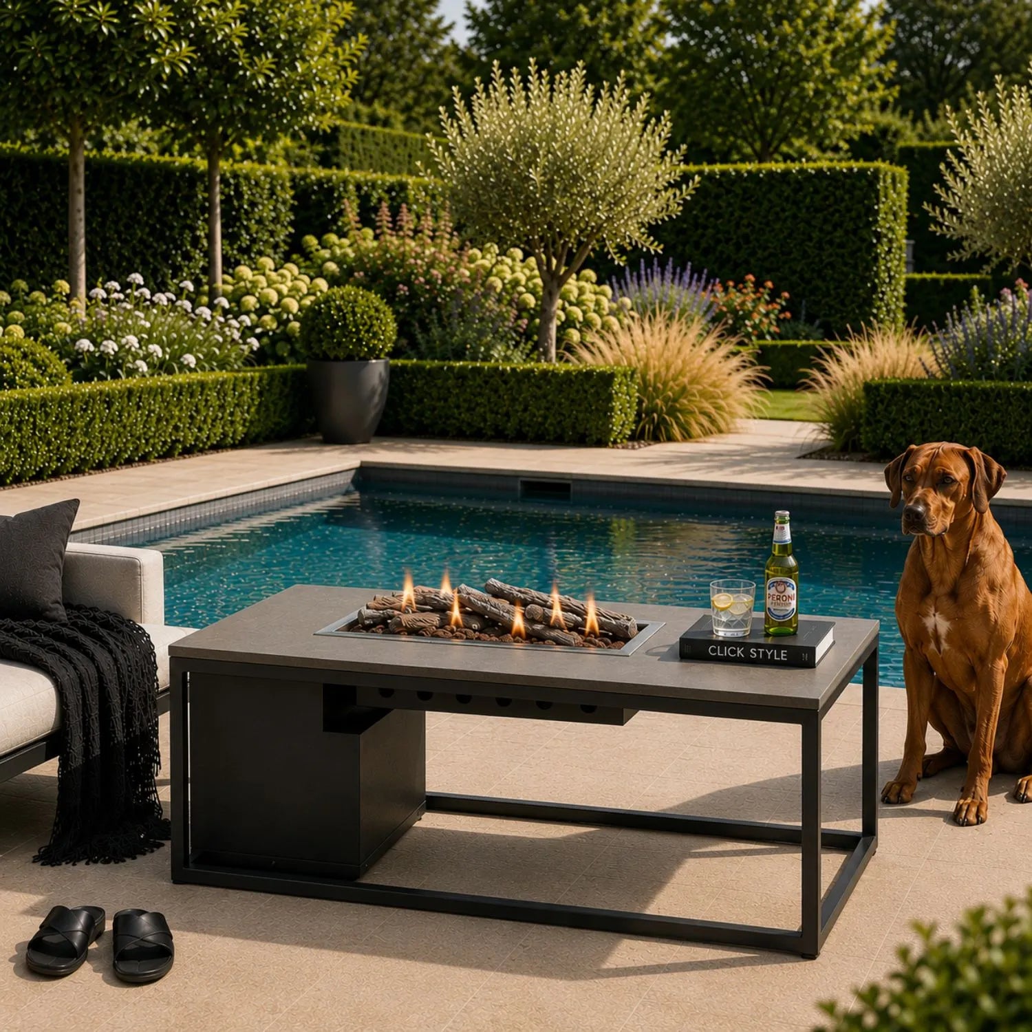 Cosiloft 120 Rectangular Outdoor Gas Fire Pit Coffee Table with Black Aluminium Frame and Grey Aluminium Top | Click Style