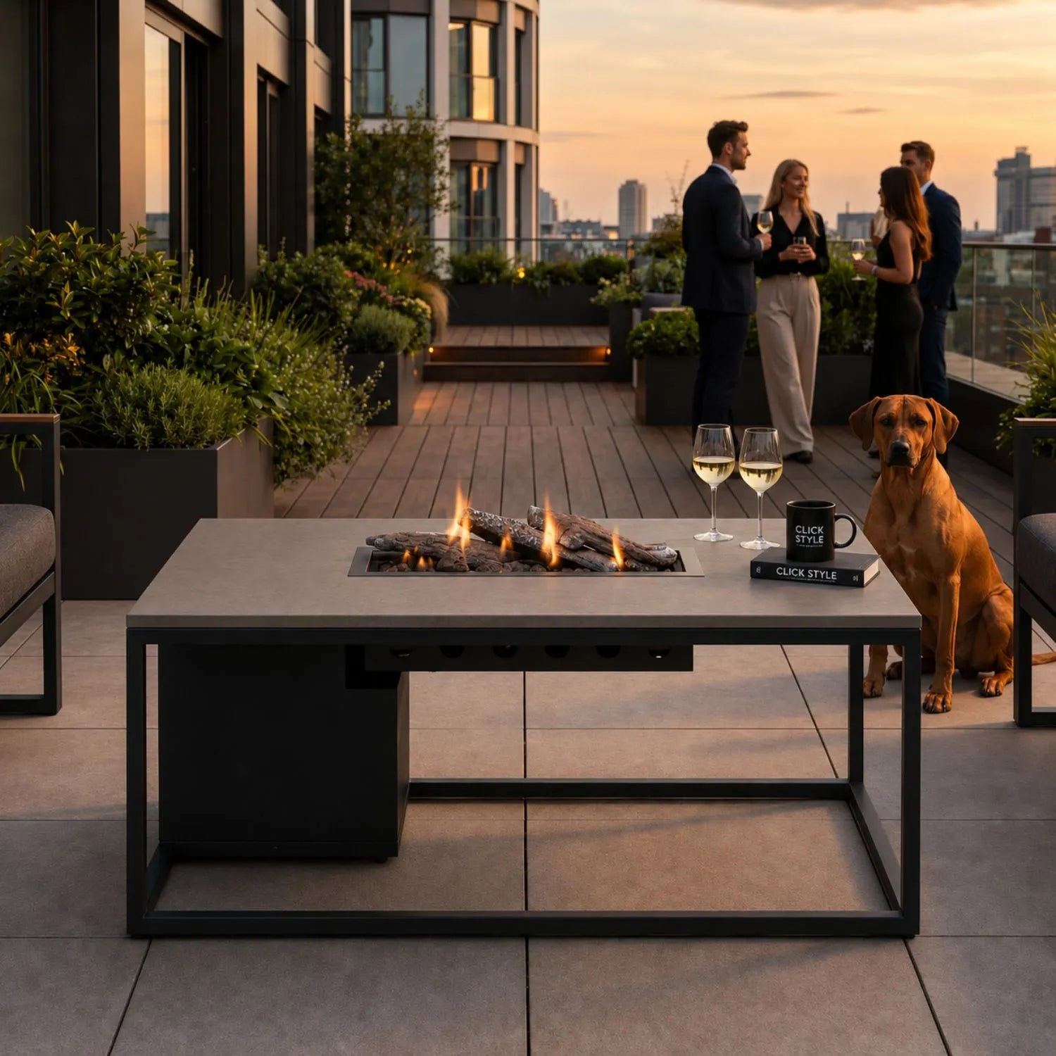 Cosiloft 120 Rectangular Outdoor Gas Fire Pit Coffee Table with Black Aluminium Frame and Grey Aluminium Top | Click Style