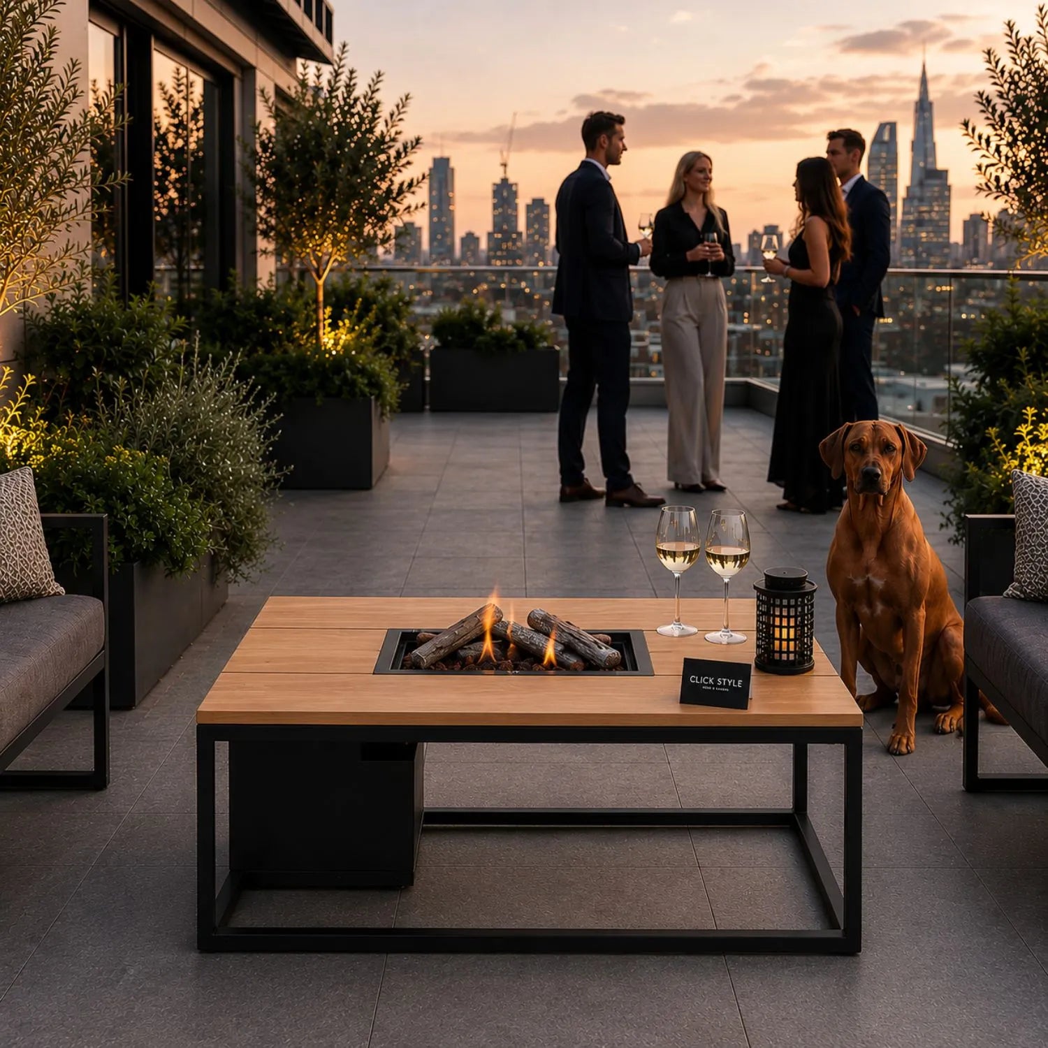 Cosiloft 120 Rectangular Outdoor Propane Gas Fire Pit Table with Open Black Aluminium Frame, Slatted Teak Top, Hidden 5kg Gas Bottle Storage, Ceramic Logs and Realistic Flame Effect 50x120x80cm | Click Style