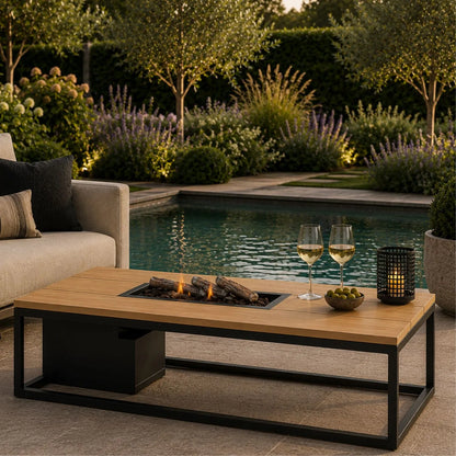 Cosiloft 120 Rectangular Outdoor Propane Gas Fire Pit Table with Open Black Aluminium Frame, Slatted Teak Top, Hidden 5kg Gas Bottle Storage, Ceramic Logs and Realistic Flame Effect 50x120x80cm | Click Style