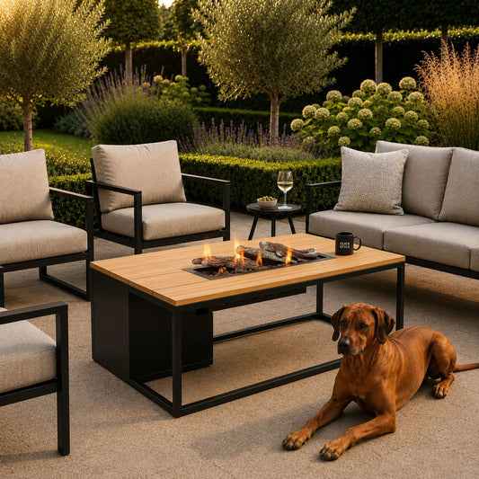 Cosiloft 120 Rectangular Outdoor Propane Gas Fire Pit Table with Open Black Aluminium Frame, Slatted Teak Top, Hidden 5kg Gas Bottle Storage, Ceramic Logs and Realistic Flame Effect 50x120x80cm | Click Style