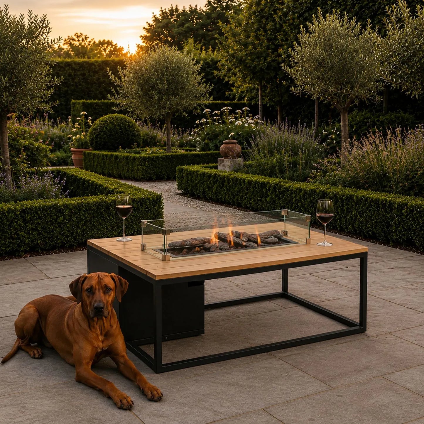 Cosiloft 120 Rectangular Outdoor Propane Gas Fire Pit Table with Open Black Aluminium Frame, Slatted Teak Top, Hidden 5kg Gas Bottle Storage, Ceramic Logs and Realistic Flame Effect 50x120x80cm | Click Style