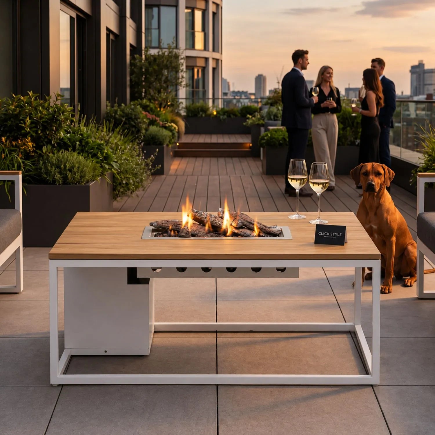 Cosiloft 120 Rectangular Outdoor Gas Fire Pit Table with White Aluminium Frame & Teak Slatted Top 120x80x50cm | Click Style