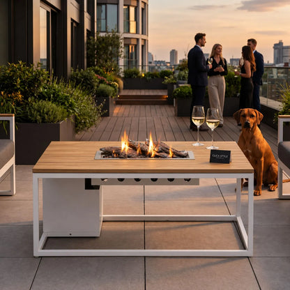 Cosiloft 120 Rectangular Outdoor Gas Fire Pit Table with White Aluminium Frame & Teak Slatted Top 120x80x50cm | Click Style