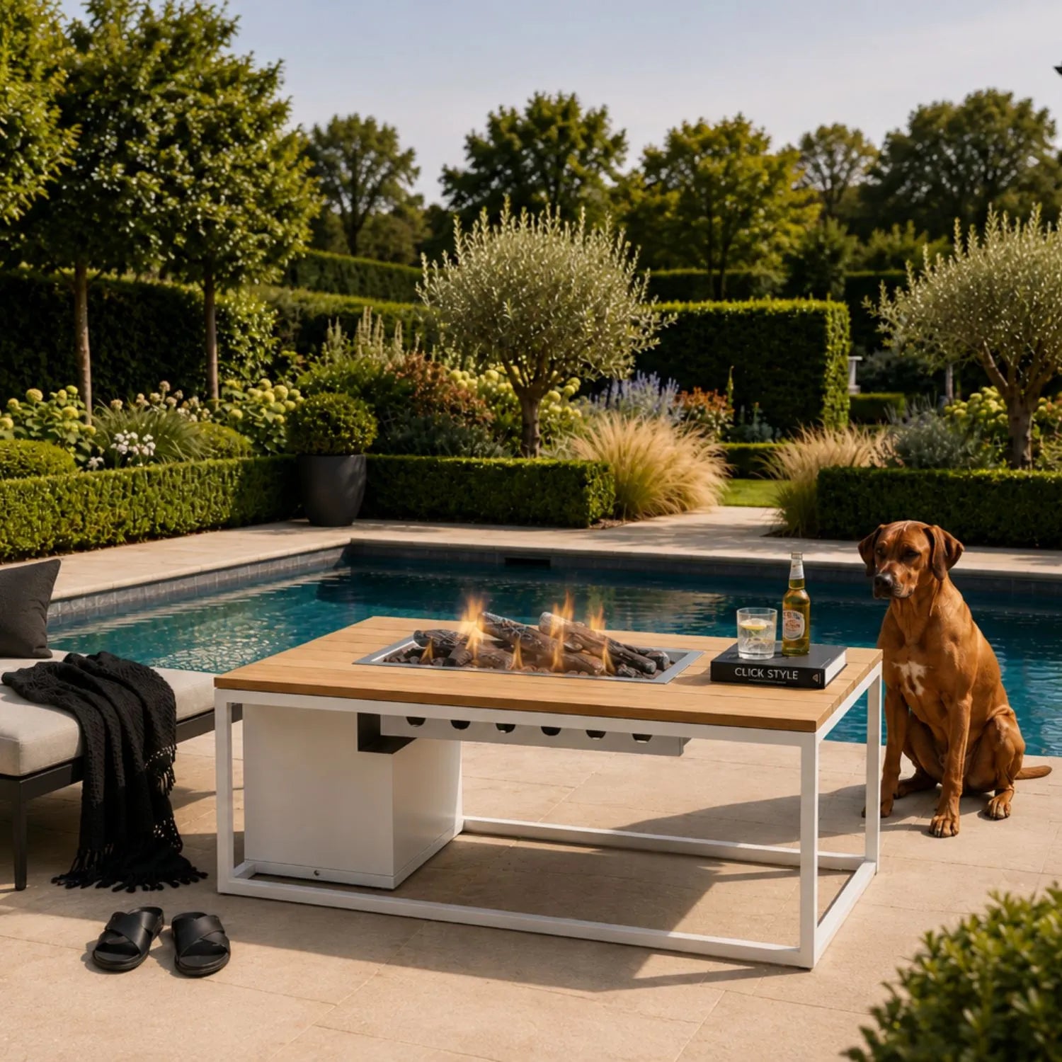 Cosiloft 120 Rectangular Outdoor Gas Fire Pit Table with White Aluminium Frame & Teak Slatted Top 120x80x50cm | Click Style
