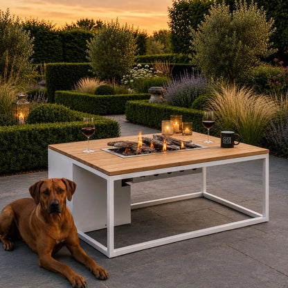 Cosiloft 120 Rectangular Outdoor Gas Fire Pit Table with White Aluminium Frame & Teak Slatted Top 120x80x50cm | Click Style