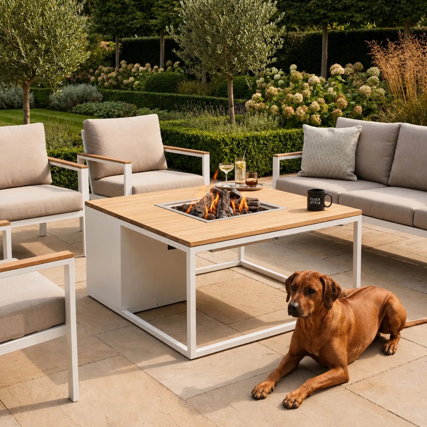 Cosiloft 120 Rectangular Outdoor Gas Fire Pit Table with White Aluminium Frame & Teak Slatted Top 120x80x50cm | Click Style