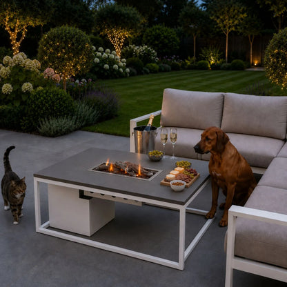Cosiloft 120 Rectangular Outdoor Gas Fire Pit Table with White Aluminium Frame and Grey Aluminium Top 120x80x50cm | Click Style