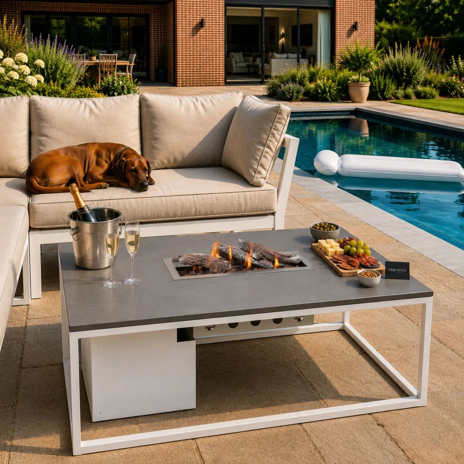 Cosiloft 120 Rectangular Outdoor Gas Fire Pit Table with White Aluminium Frame and Grey Aluminium Top 120x80x50cm | Click Style