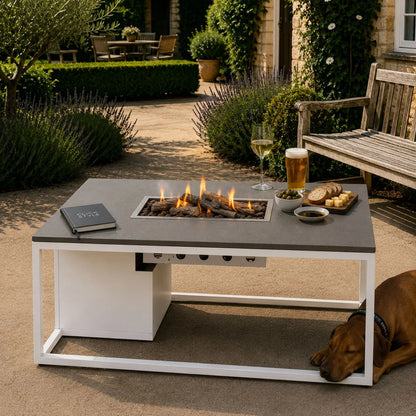 Cosiloft 120 Rectangular Outdoor Gas Fire Pit Table with White Aluminium Frame and Grey Aluminium Top 120x80x50cm | Click Style