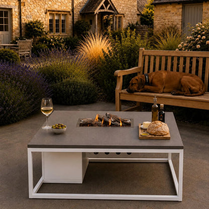 Cosiloft 120 Rectangular Outdoor Gas Fire Pit Table with White Aluminium Frame and Grey Aluminium Top 120x80x50cm | Click Style