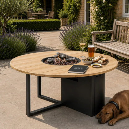 Cosiloft 120 Round Outdoor Gas Fire Pit Table with Black Aluminium Open Frame Base, Teak Wood Tabletop, Hidden 5kg Gas Bottle Storage, Integrated Gas Burner, Ceramic Logs and Realistic Flame Effect 50x120x120cm | Click Style
