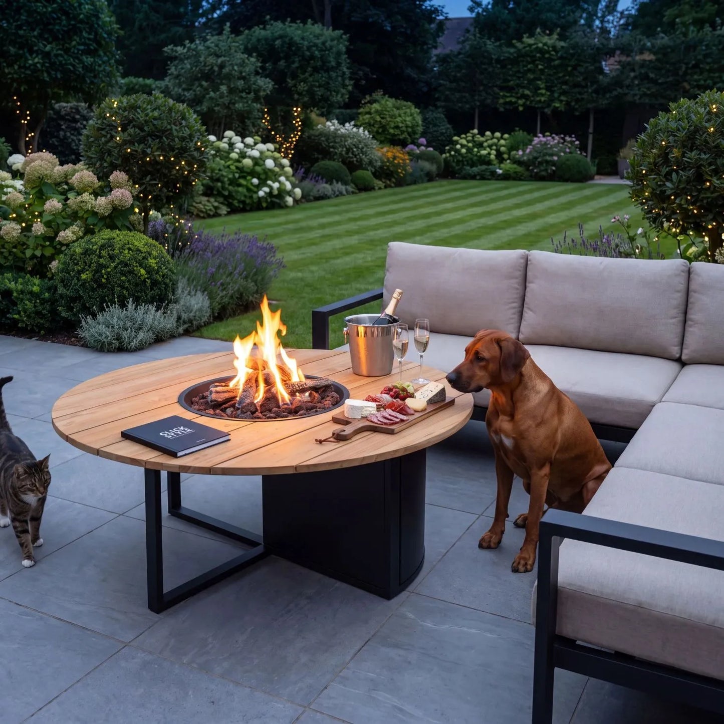 Cosiloft 120 Round Outdoor Gas Fire Pit Table with Black Aluminium Open Frame Base, Teak Wood Tabletop, Hidden 5kg Gas Bottle Storage, Integrated Gas Burner, Ceramic Logs and Realistic Flame Effect 50x120x120cm | Click Style