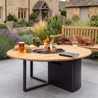 Cosiloft 120 Round Outdoor Gas Fire Pit Table with Black Aluminium Open Frame Base, Teak Wood Tabletop, Hidden 5kg Gas Bottle Storage, Integrated Gas Burner, Ceramic Logs and Realistic Flame Effect 50x120x120cm | Click Style