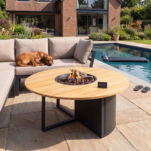 Cosiloft 120 Round Outdoor Gas Fire Pit Table with Black Aluminium Open Frame Base, Teak Wood Tabletop, Hidden 5kg Gas Bottle Storage, Integrated Gas Burner, Ceramic Logs and Realistic Flame Effect 50x120x120cm | Click Style