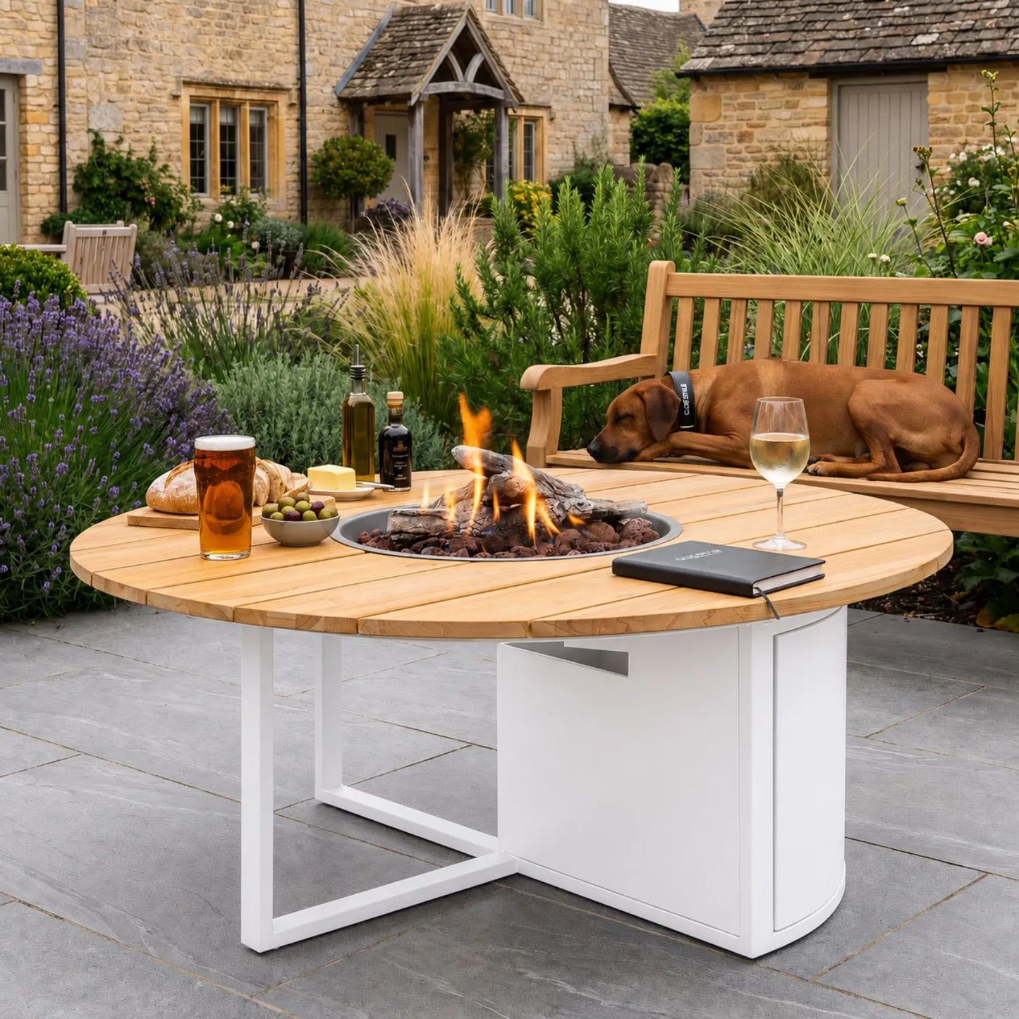 Cosiloft 120 Round Outdoor Gas Fire Pit Table with White Powder-Coated Aluminium Base, Solid Teak Wood Top, Integrated Metal Gas Burner Tray, Hidden Internal 5kg Propane Gas Bottle Storage, Ceramic Logs and Natural Lava Stones 50x120x120cm | Click Style
