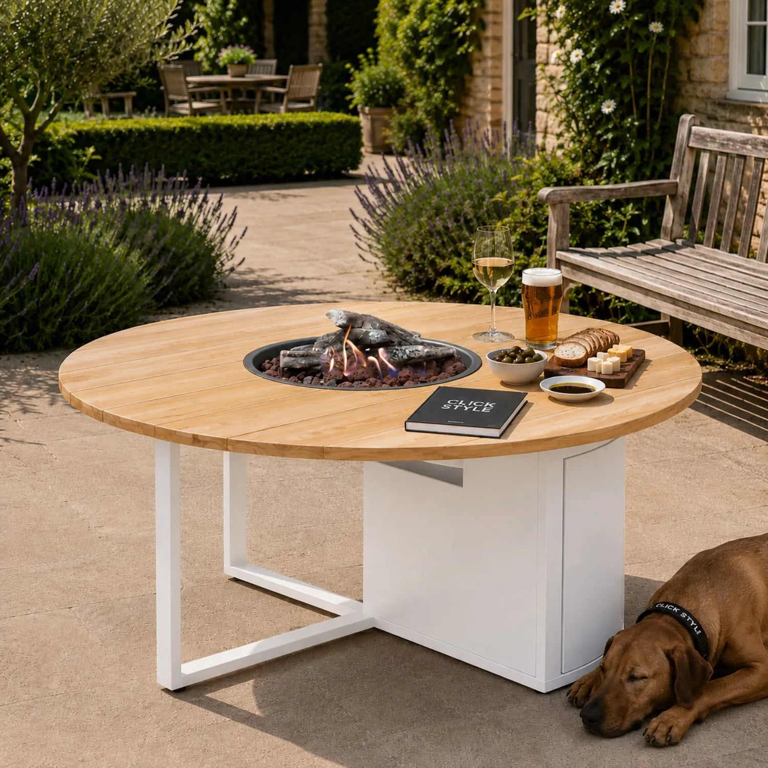 Cosiloft 120 Round Outdoor Gas Fire Pit Table with White Powder-Coated Aluminium Base, Solid Teak Wood Top, Integrated Metal Gas Burner Tray, Hidden Internal 5kg Propane Gas Bottle Storage, Ceramic Logs and Natural Lava Stones 50x120x120cm | Click Style