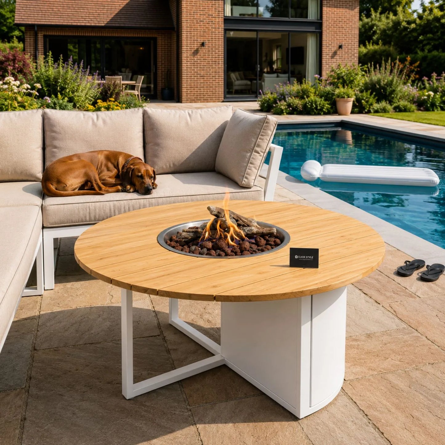Cosiloft 120 Round Outdoor Gas Fire Pit Table with White Powder-Coated Aluminium Base, Solid Teak Wood Top, Integrated Metal Gas Burner Tray, Hidden Internal 5kg Propane Gas Bottle Storage, Ceramic Logs and Natural Lava Stones 50x120x120cm | Click Style