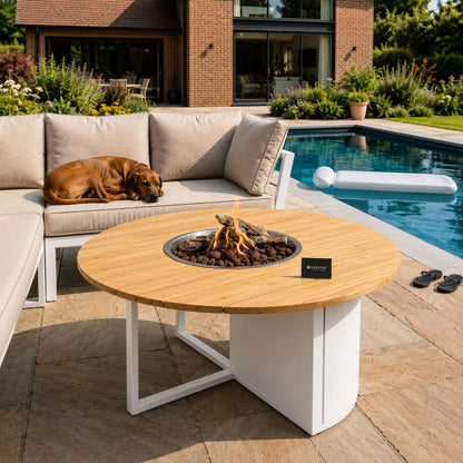 Cosiloft 120 Round Outdoor Gas Fire Pit Table with White Powder-Coated Aluminium Base, Solid Teak Wood Top, Integrated Metal Gas Burner Tray, Hidden Internal 5kg Propane Gas Bottle Storage, Ceramic Logs and Natural Lava Stones 50x120x120cm | Click Style